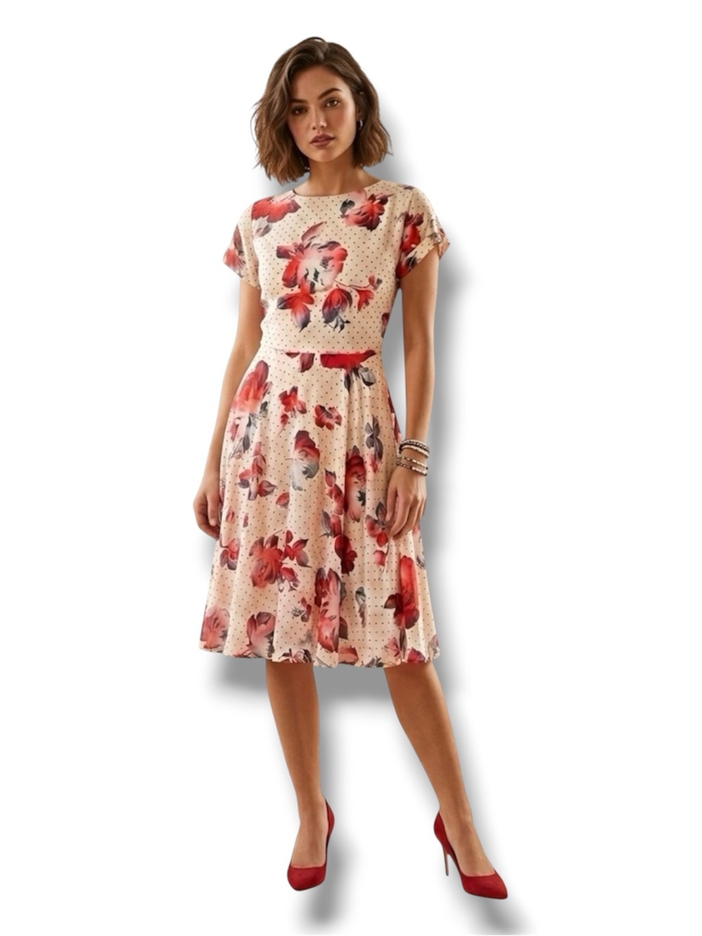 Joliesse Floral Polka Dot Fit & Flare Tea Dress Size 6 Lined Short Sleeve